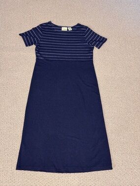 LL Bean Mariner Navy White Empire Waist Striped Midi Casual Dress Nautical VTG